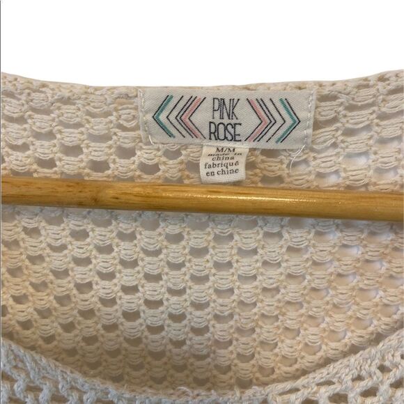 PINK ROSE Tan Crochet Scoop Neck Long Sleeve Fitted Sweater Junior Fit M - Picture 6 of 7